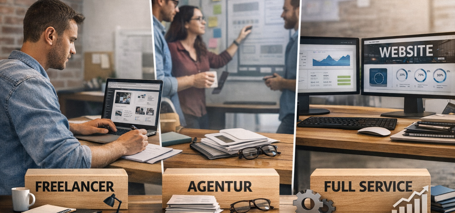 Das Bild zeigt die Unterschiede zwischen Freelancer, Agentur und Full Service bei der Website-Erstellung und hilft Unternehmen bei der richtigen Entscheidung.