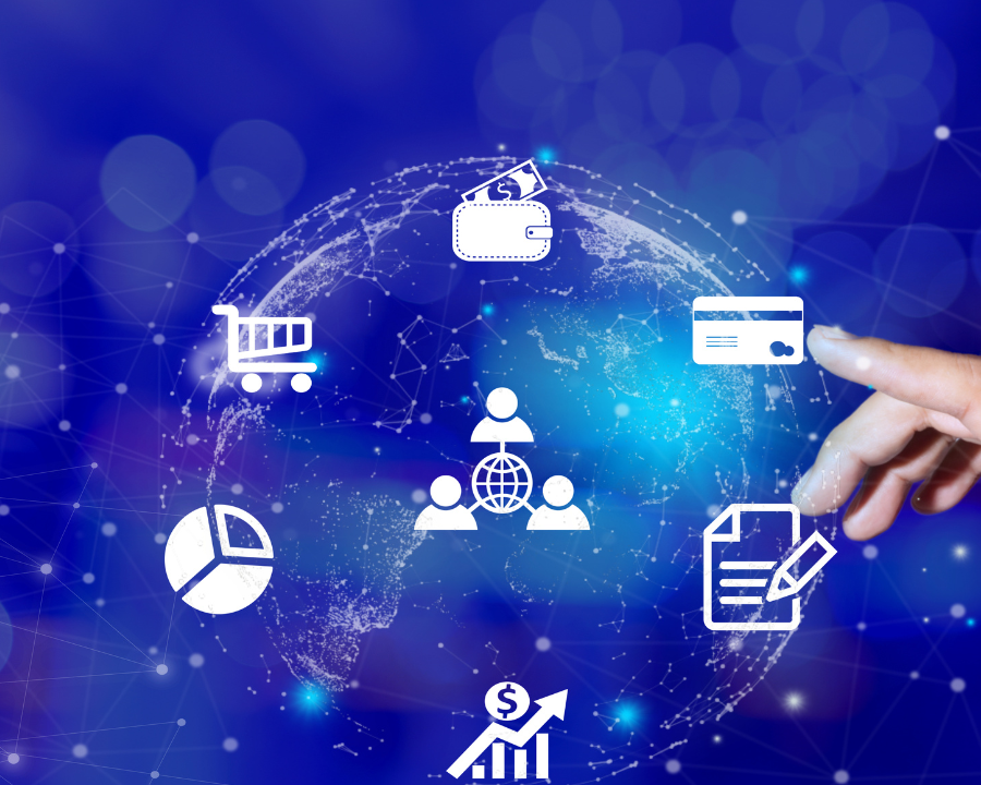 Digitale Darstellung einer Weltkugel mit vernetzten Symbolen rund um E-Commerce, Marketing und Finanzen – symbolisiert globale digitale Geschäftsstrategien und den Einsatz von KI im Online-Marketing.