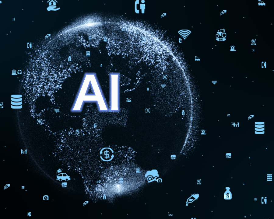 Digitale Weltkarte mit leuchtendem „AI“-Schriftzug im Zentrum, umgeben von verstreuten Symbolen zu Technik, Finanzen, Kommunikation und Datenverarbeitung – symbolisiert den globalen Einfluss künstlicher Intelligenz.