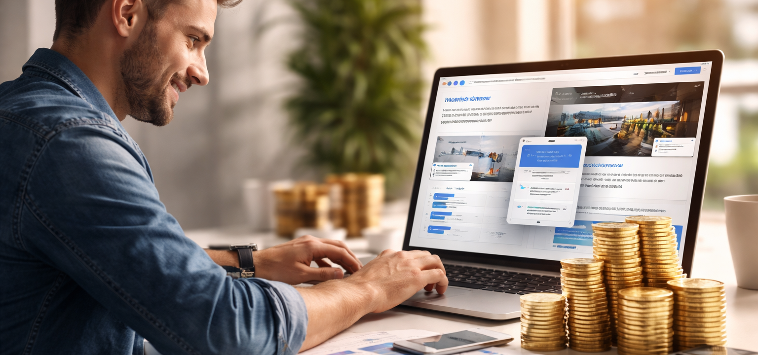 Eine Person analysiert eine Website am Laptop und zeigt, wie professionelle Weblösungen zu messbarem Wachstum und wirtschaftlichem Erfolg beitragen.