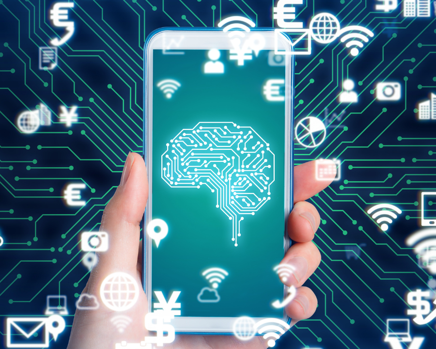 Smartphone mit KI-Symbol vor einem digitalen Netzwerk aus Icons und Währungssymbolen.